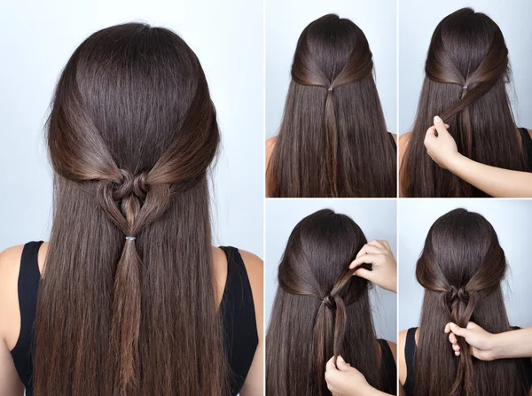 Skręcone serca tutorial fryzury dla długich włosów — Zdjęcie stockowe