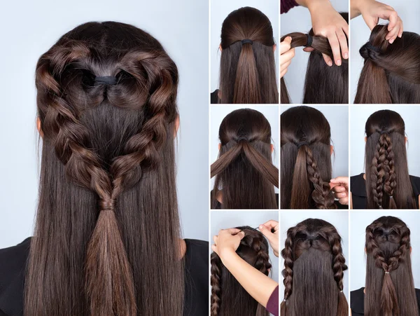 Braid heart hairstyle tutorial — Stock Photo, Image