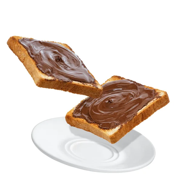 ホワイトに隔離されたチョコレートクリームと一緒に飛ぶパン — ストック写真