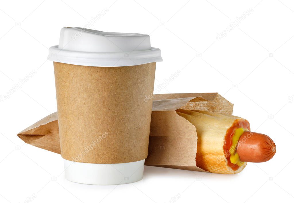 takeaway cup of coffee and hot dog