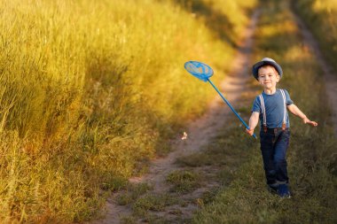 Küçük çocuk çayırda ağla kelebek yakalar.