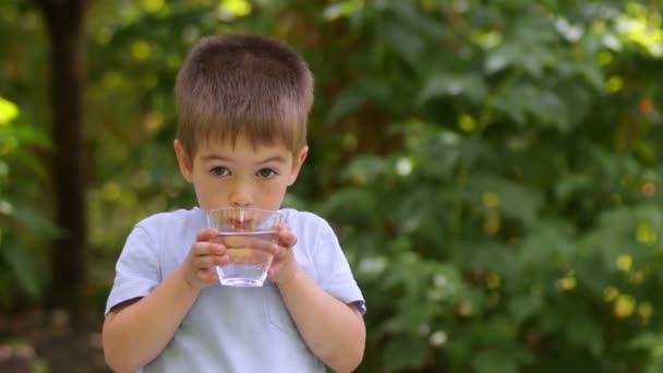 Carino bambino bere acqua all'aperto — Video Stock