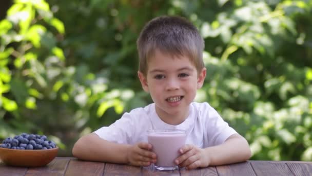 Malý chlapec pije borůvkový jogurt venku — Stock video