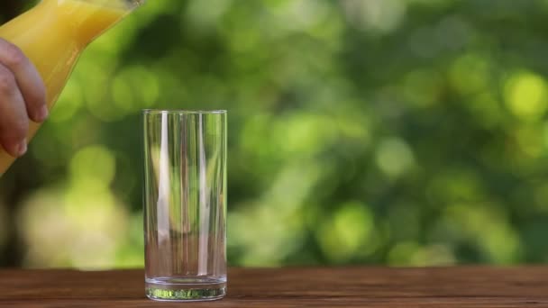 Male hand pouring fresh orange juice in glass — Stock Video