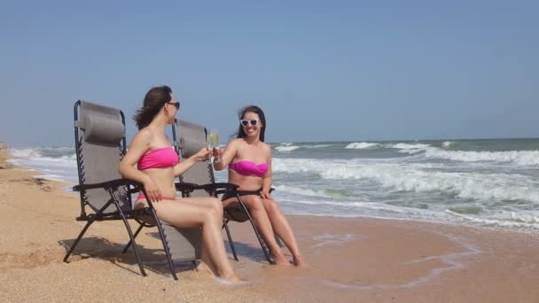 Ženy na dovolené dělají toast s sklenicemi šampaňského — Stock video