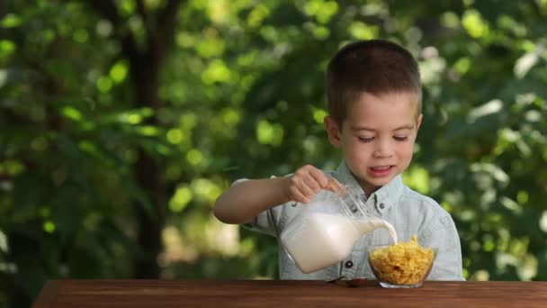 Niño pequeño vertiendo leche en un tazón con copos de maíz y desayunando — Vídeos de Stock