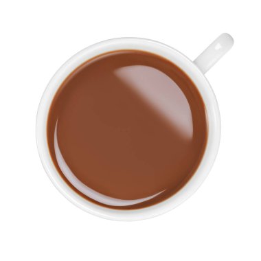Beyaz arka planda izole edilmiş seramik bardaktaki sıcak çikolata manzarası. Dosya kırpma yolu içeriyor