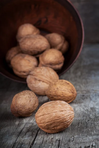 Walnoten in klei kom — Stockfoto