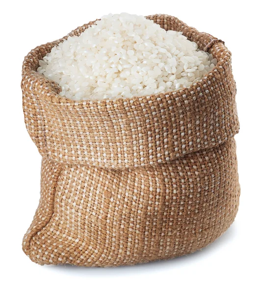 White rice in burlap sack isolate — Stock Photo, Image