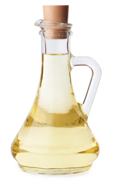 Olijfolie of zonnebloem olie in glazen fles isoleren — Stockfoto
