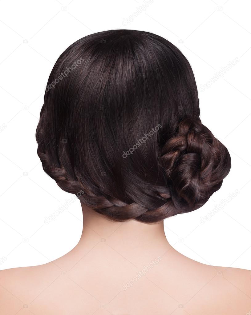Woman with brunette hair and braid hairdo