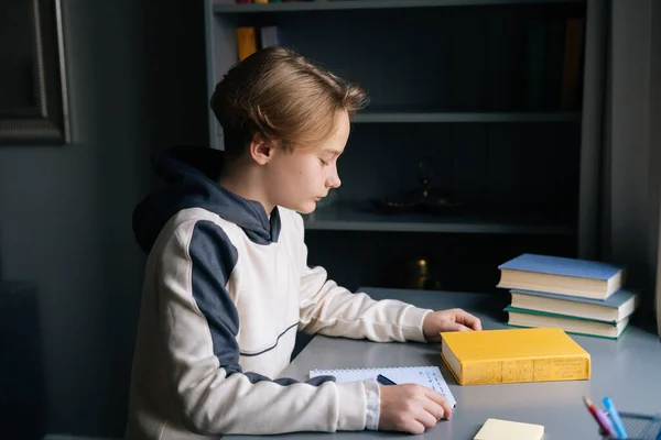 Close-up side view of focused pupil boy sitting at desk with paper workbook and preparation to doing homework in children room.