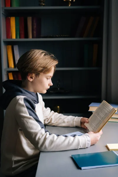 Side view of smart pupil boy reading paper study book sitting at desk near window in dark children room.