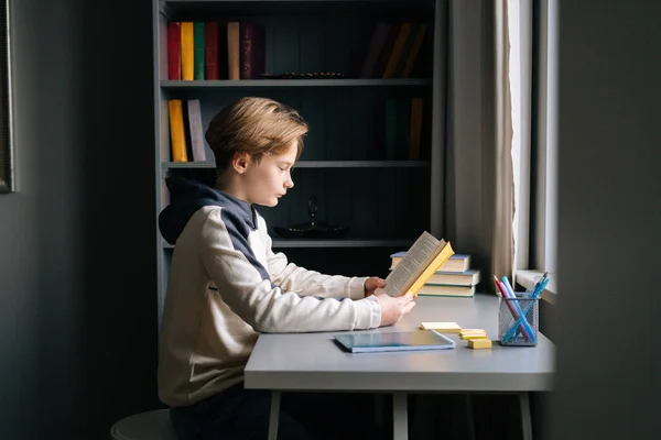 Side view of focused pupil boy reading paper study book sitting at desk near window in dark children room.