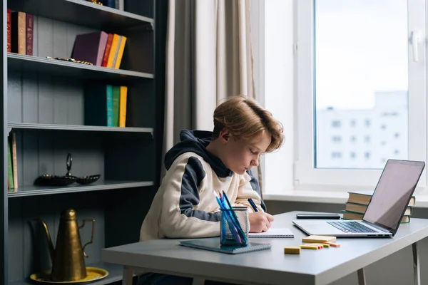 Side view of pupil boy making notes in copybook with pen sitting at desk with laptop computer via distance online class.