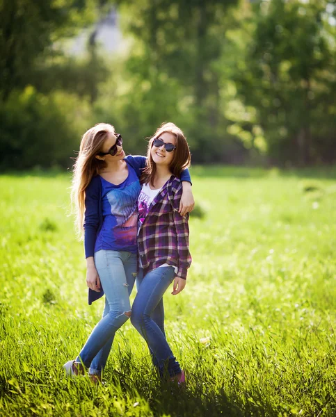 Dos hermanas jóvenes y bonitas felices, abrazos sonrientes —  Fotos de Stock