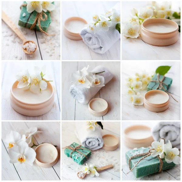 Deniz tuz, güzellik Yasemin çiçeği ve orkide, uçucu yağ ve beyaz havlu, spa kavramı kolaj krem