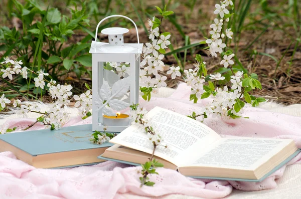 Bahar natürmort kitap ve mum ile
