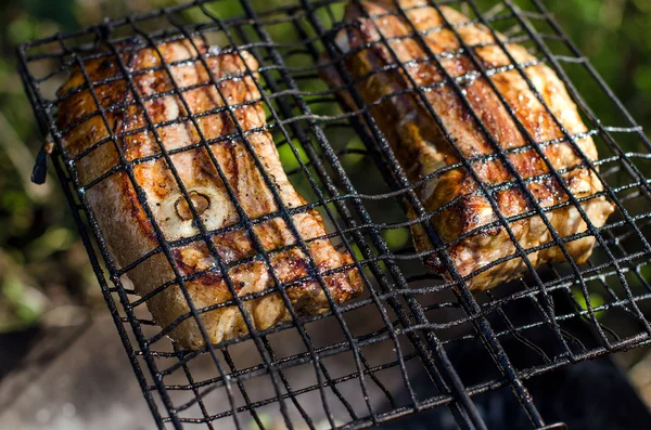 O bife de porco na grelha sobre as brasas — Fotografia de Stock