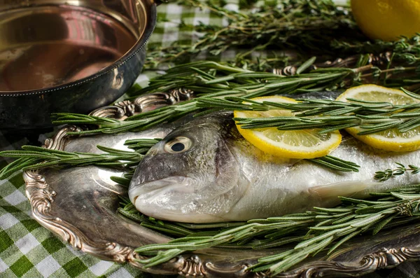 Koken voor fish met citroen en kruiden. — Stockfoto