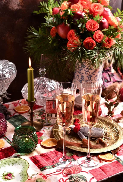 Рождественская Фотография Шампанским Композиция Столе — стоковое фото