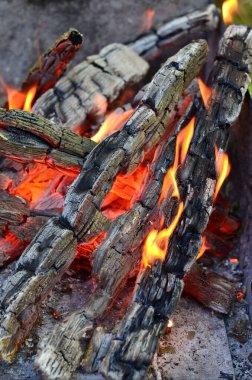 Ocakta yanan kömür, yakın plan, seçici odaklanma.