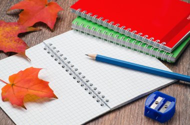 Defter, kalem, kalemtıraş ve sonbahar yaprakları masaya