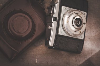 Ahşap Komiteler arka plan üzerinde Vintage fotoğraf makinesi. Metin için yer kopyalayın.