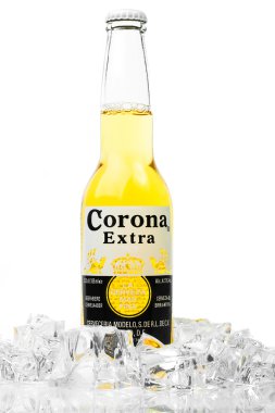 Frosty bottle of Corona Extra beer isolated on white clipart