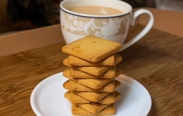 Stack Wheat Biscuits Also Called Food Cracker Famous Chai Biscuit — Stock Photo, Image