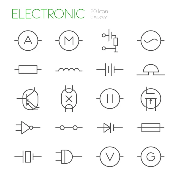 Componentes eletrônicos linha ícones cinza — Vetor de Stock