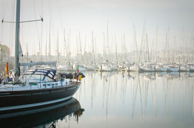 Boats moored during a dense fog in the marina at Newport, Oregon clipart