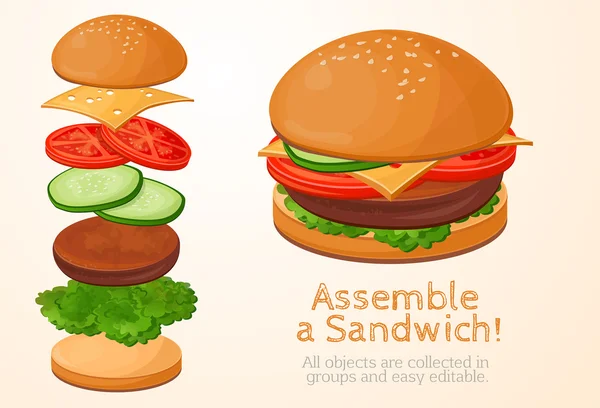 Samla, samla, hamburgare, smörgås fyllning, kolelktsiya, snabbmat — Stock vektor