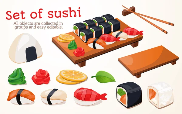 Japanse traditionele keuken, eten, illustratie, set sushi, rollen, fast-food, sushi — Stockvector