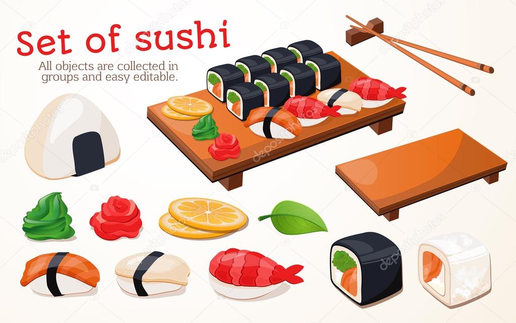 Japanese traditional cuisine, food, illustration, set of sushi, rolls, fast food, sushi