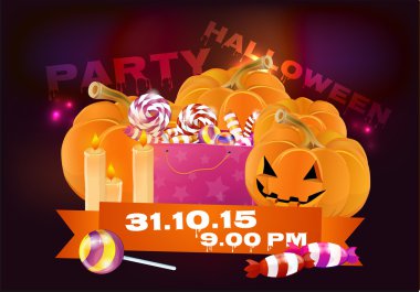 Cadılar Bayramı. Cadılar Bayramı partisi. Pumpkins, mumlar ve tatlılar bileşimi. Davetiyeler, afişler, posterler yapma. Karanlık, kasvetli arka plan.