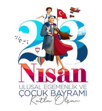 Türk çocukları Atatürk olan Türkiye 'nin ilk cumhurbaşkanına sarılıyorlar. (Tercüme: 23 Nisan Ulusal Egemenlik ve Çocuk Günü)