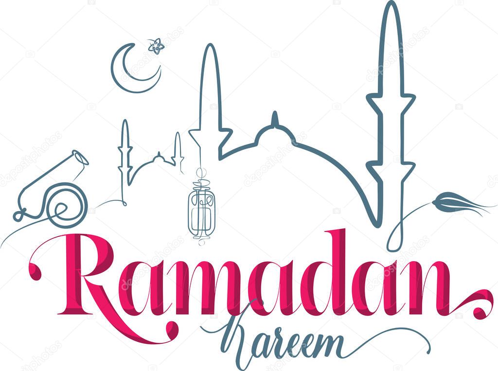 Ramadan Month greeting card with islamic elements silhouette and calligraphy lettering text Holy Ramadan.