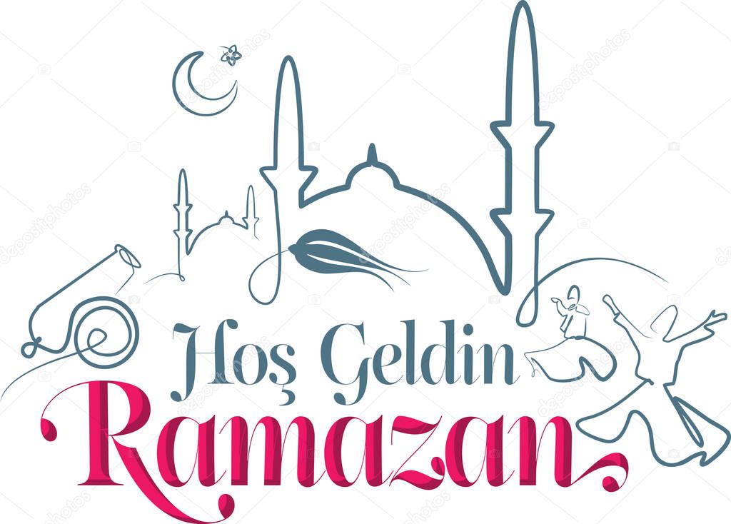 Ramadan Month greeting card with islamic elements silhouette and calligraphy lettering text Welcolme Ramadan.