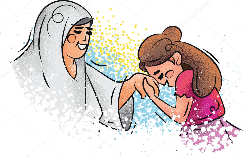 A vector illustration of little girl kissing her grandmothe's hand