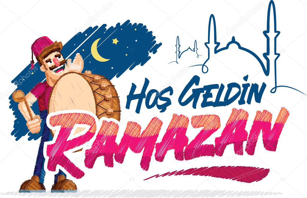 PrintRamadan Month greeting card with tradinational Ramadan drummer and calligraphy lettering text Welcome Ramadan.