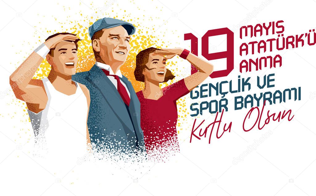 19 mayis Ataturk'u Anma, Genclik ve Spor Bayrami greeting card design. 19 May Commemoration of Ataturk, Youth and Sports Day. Vector illustration. Turkish national holiday.