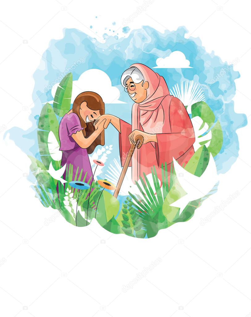 A vector illustration of little girl kissing her grandmother's hand