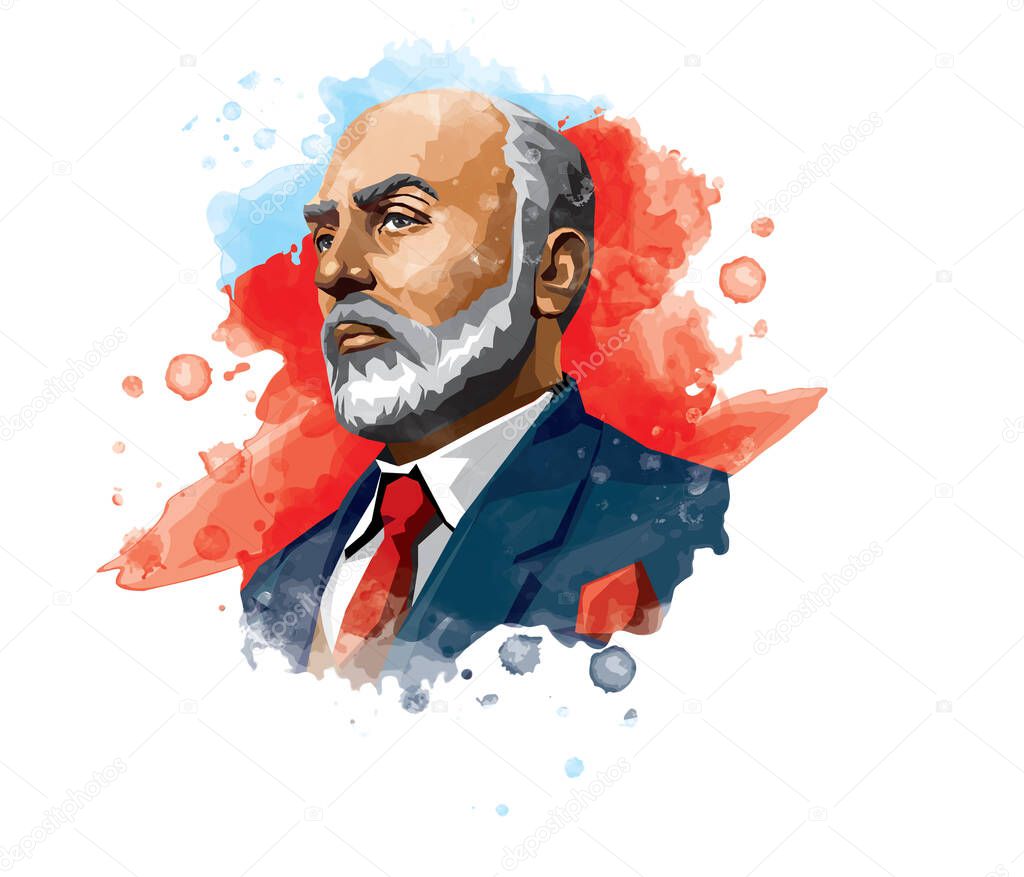 Mehmet Akif Ersoy (1873-1936) Turkish poet, author, academic and member of parliament. Vector watercolor illustration.  