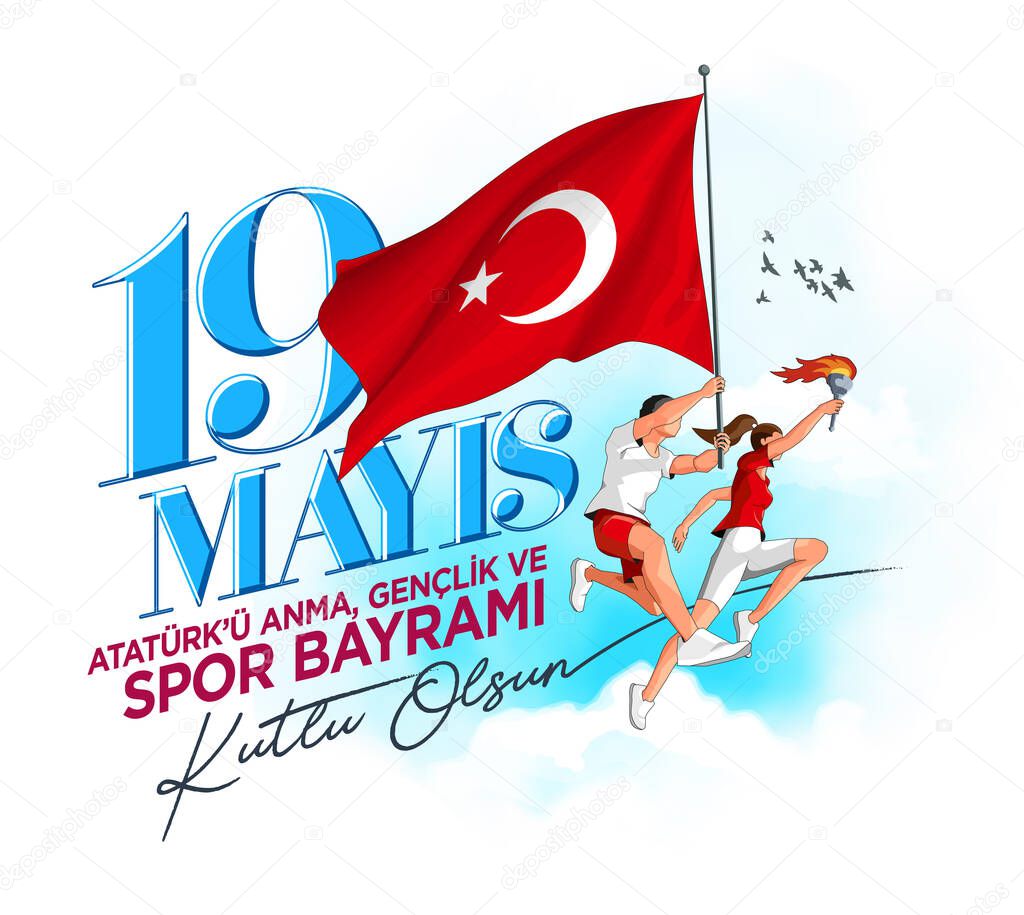 Greeting card of Turkish Youth and Sports Day. (Translate: Happy 19 May Commemoration of Ataturk, Youth and Sports Day)