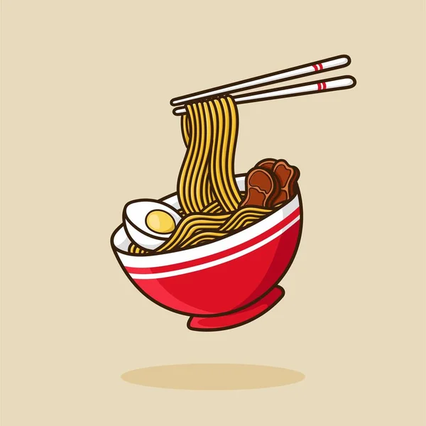 Ramen Noodle Bowl Ovo Carne Com Chopstick Vetor Cartoon — Vetor de Stock