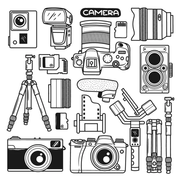 Imposta Elemento Fotocamera Disegnato Mano Doodle — Vettoriale Stock
