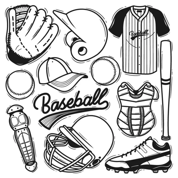 Set Baseball Element Handgezeichnetes Doodle — Stockvektor