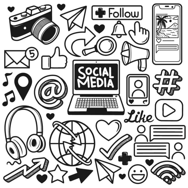Imposta Elemento Social Media Disegnato Mano Doodle — Vettoriale Stock