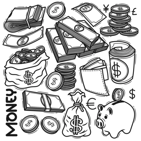 Nastavit Kreslené Ručně Kreslené Peníze — Stockový vektor